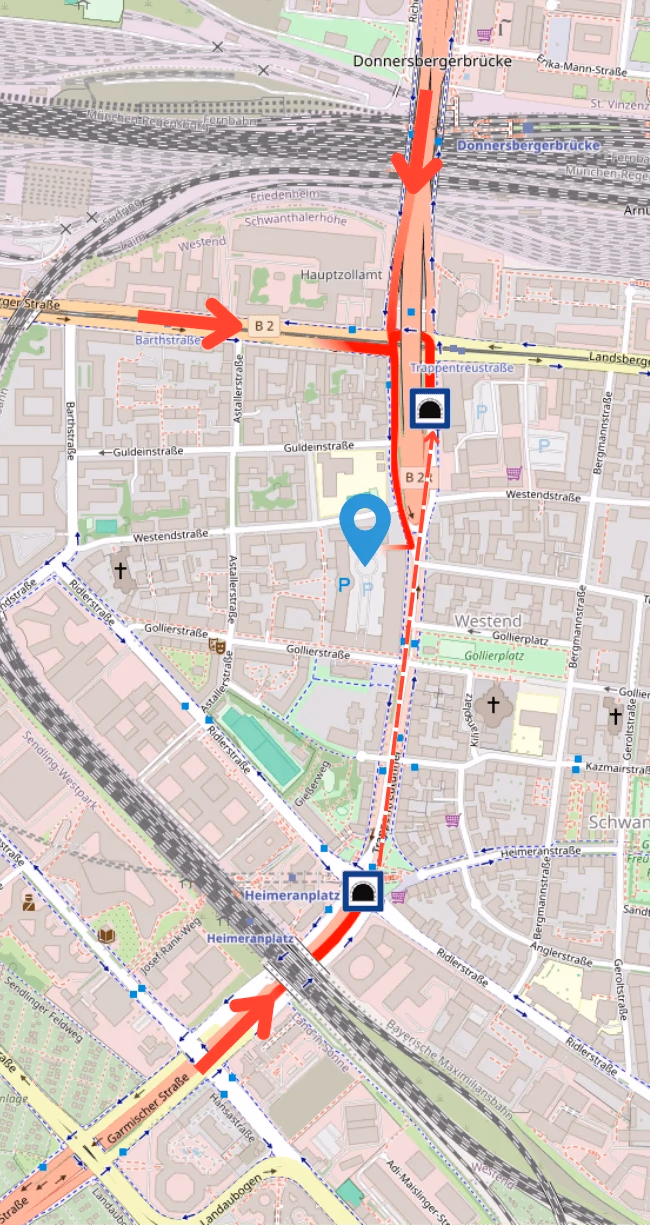 Route overview to the Movaria site in Munich